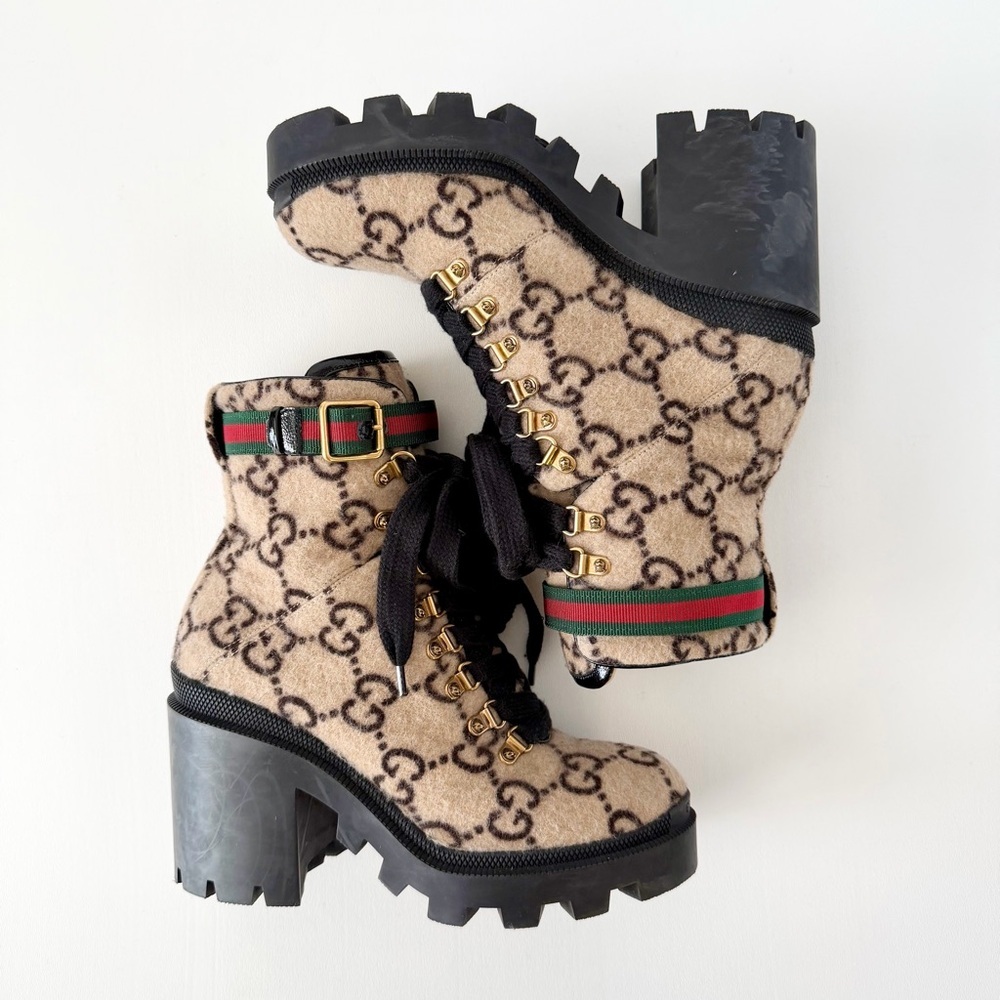 GUCCI | GG Wool Lug Sole Combat Boots Web Strap Ankle EU 38 - Picture 6 of 15
